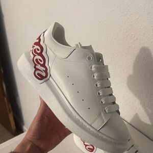 White Platform Sneakers with Red Script Detail